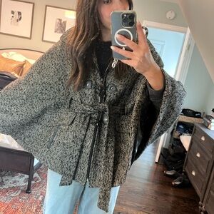 Calvin Klein Black and Gray belted hooded toggle cape